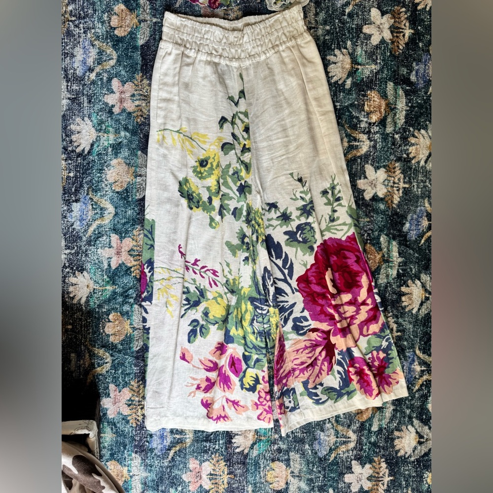 Anthropologie the Somerset Floral Linen Top & Wide Leg Pull On Pants Set - Picture 3 of 11